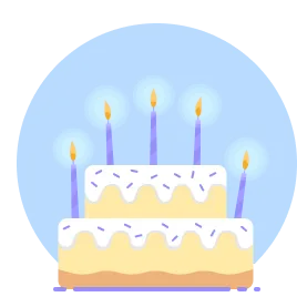 Illustration of a two-story cake with white frosting and five lit candles.