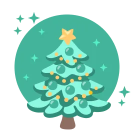 A decorated Christmas tree in front of a circular background surrounded by sparkling stars